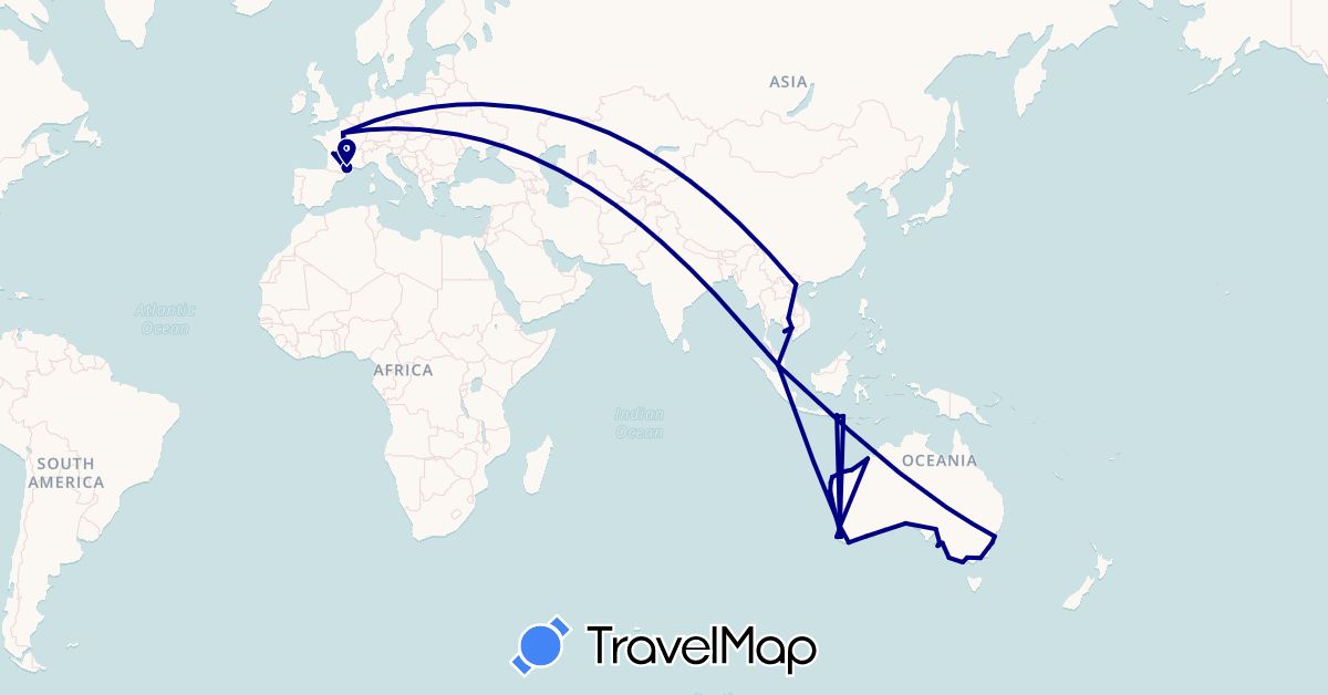 TravelMap itinerary: driving in Australia, France, Indonesia, Cambodia, Malaysia, Vietnam (Asia, Europe, Oceania)